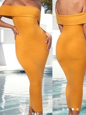 Oh Polly Strip Tease Ribbed Bardot Off The Shoulder Midaxi Dress Mustard